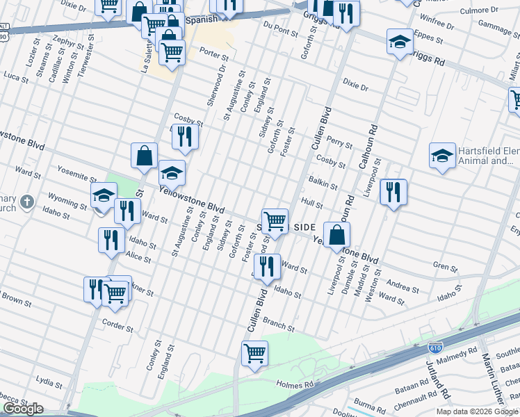 map of restaurants, bars, coffee shops, grocery stores, and more near 6614 Goforth Street in Houston