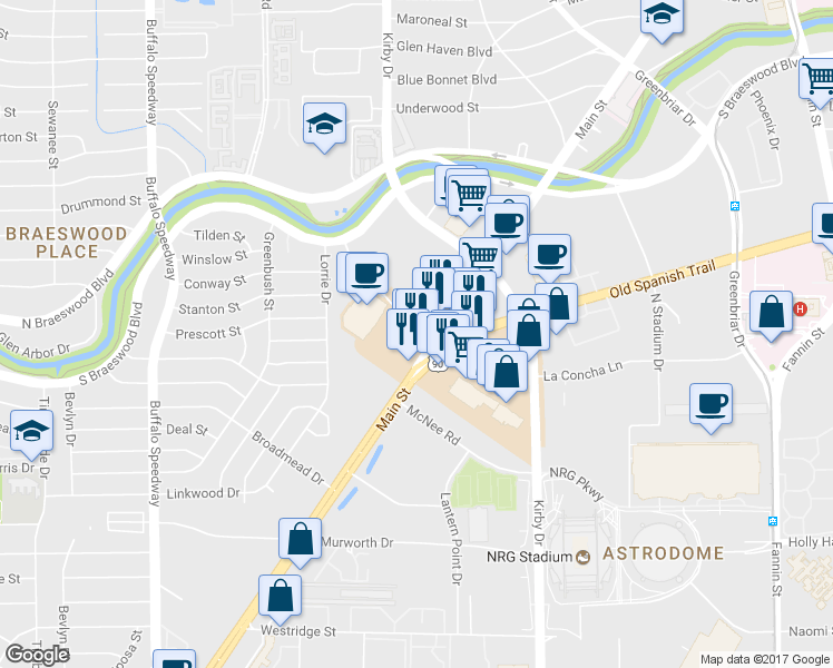 map of restaurants, bars, coffee shops, grocery stores, and more near 8335 Braesmain Drive in Houston