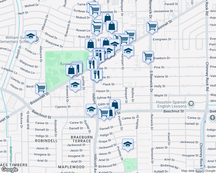map of restaurants, bars, coffee shops, grocery stores, and more near 5638 Flack Street in Houston