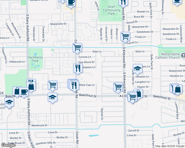 map of restaurants, bars, coffee shops, grocery stores, and more near 7819 Cook Road in Houston