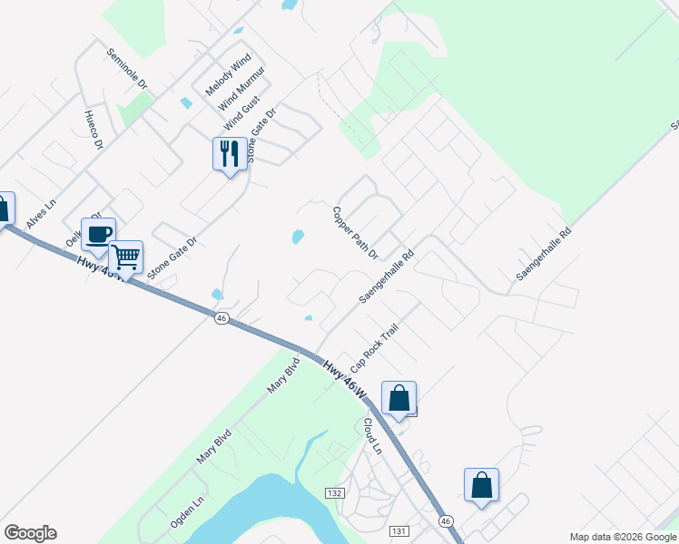 map of restaurants, bars, coffee shops, grocery stores, and more near 1376 Copper Path Drive in New Braunfels