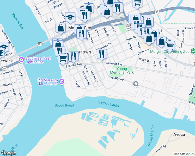 map of restaurants, bars, coffee shops, grocery stores, and more near 302 3rd Street in Morgan City