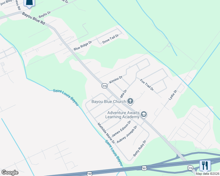 map of restaurants, bars, coffee shops, grocery stores, and more near 3238 Bayou Blue Road in Gray