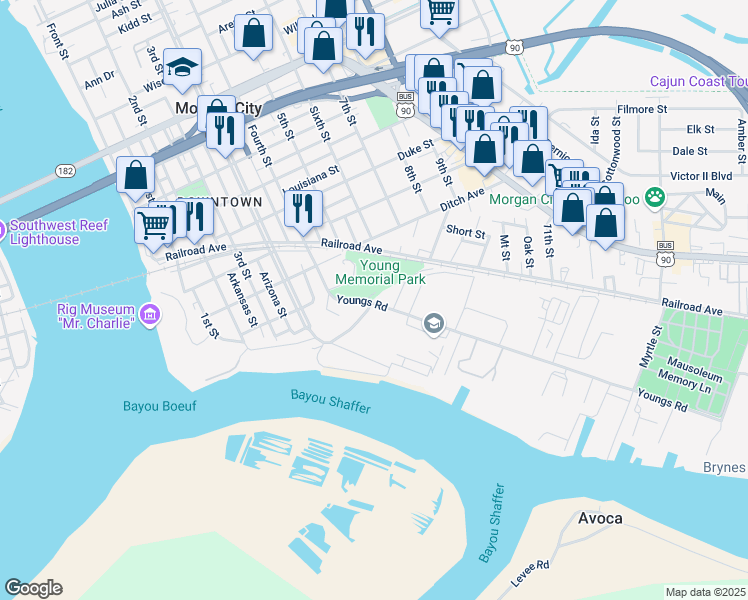 map of restaurants, bars, coffee shops, grocery stores, and more near 803-887 Youngs Road in Morgan City