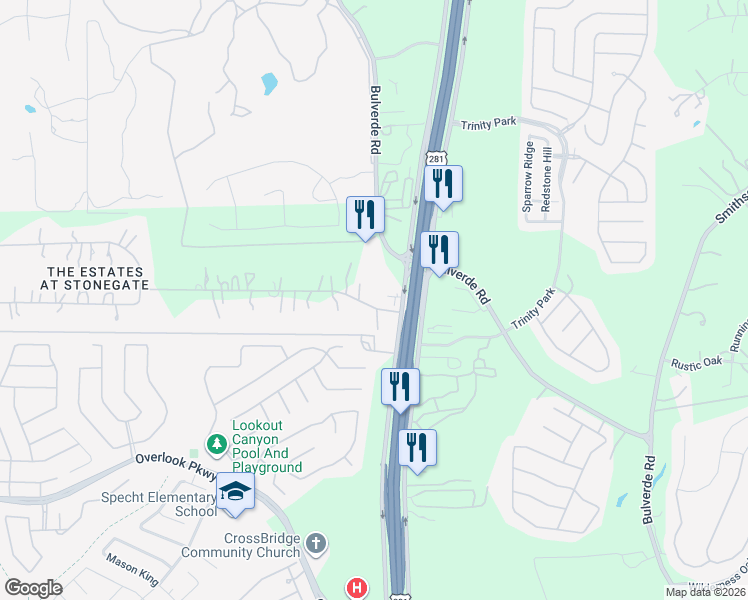 map of restaurants, bars, coffee shops, grocery stores, and more near 2367 Estate Gate Drive in San Antonio