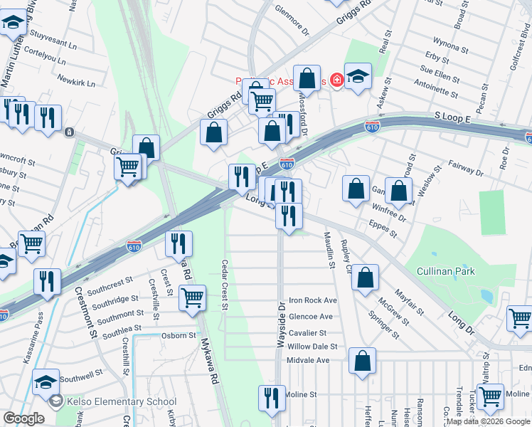 map of restaurants, bars, coffee shops, grocery stores, and more near 6122 Long Drive in Houston