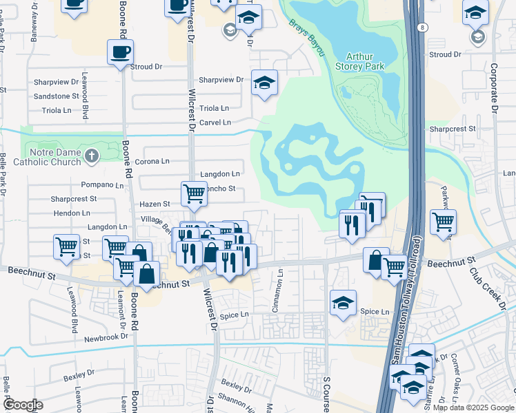 map of restaurants, bars, coffee shops, grocery stores, and more near 10643 Hazen Street in Houston