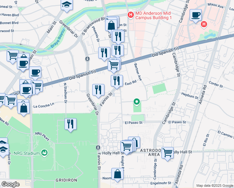 map of restaurants, bars, coffee shops, grocery stores, and more near 7602 Fannin Street in Houston