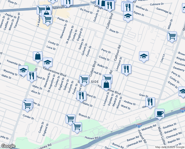 map of restaurants, bars, coffee shops, grocery stores, and more near 6607 Cullen Boulevard in Houston