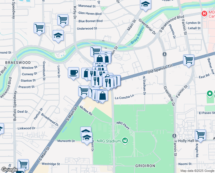 map of restaurants, bars, coffee shops, grocery stores, and more near 8002 Kirby Drive in Houston