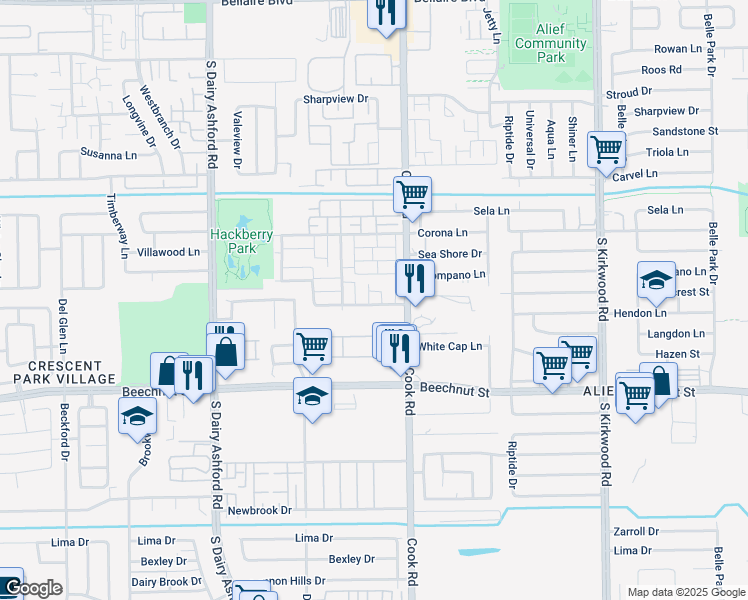 map of restaurants, bars, coffee shops, grocery stores, and more near 7829 Pacific Pearl Street in Houston