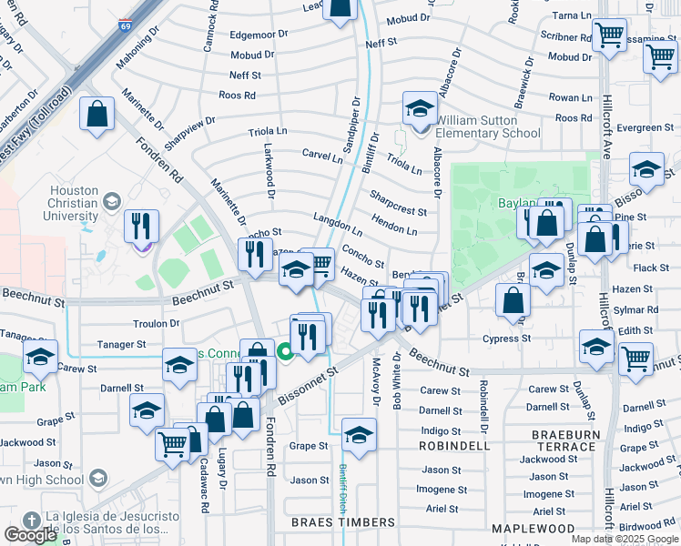 map of restaurants, bars, coffee shops, grocery stores, and more near 6841 Hazen Street in Houston