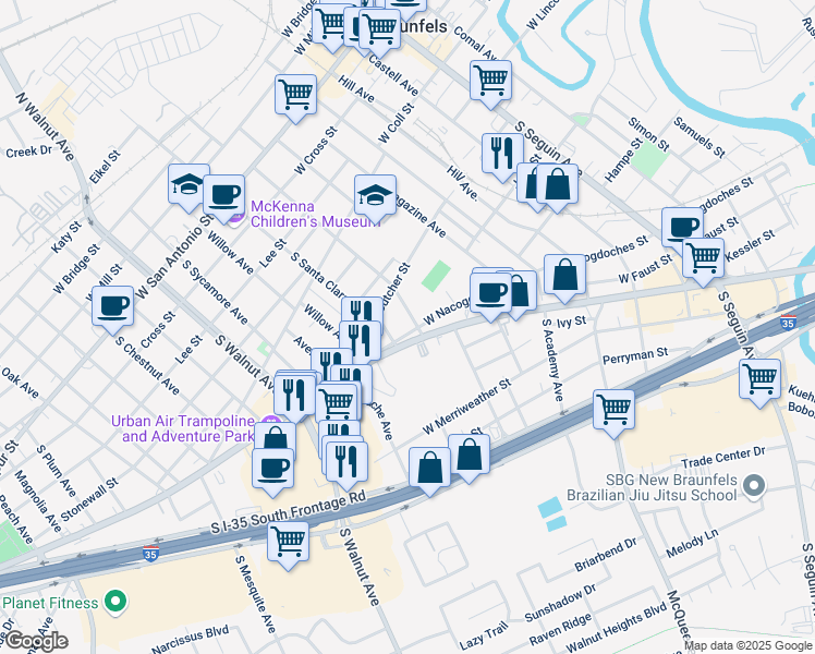 map of restaurants, bars, coffee shops, grocery stores, and more near 641 South Santa Clara Avenue in New Braunfels