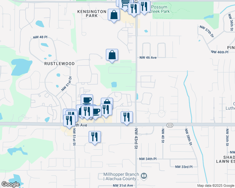 map of restaurants, bars, coffee shops, grocery stores, and more near 4527 Northwest 41st Lane in Gainesville