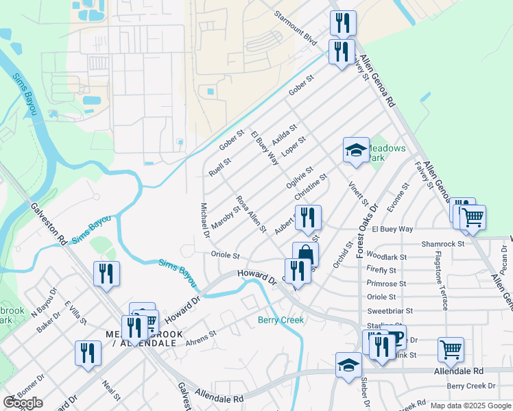 map of restaurants, bars, coffee shops, grocery stores, and more near 1311 Maroby Street in Houston