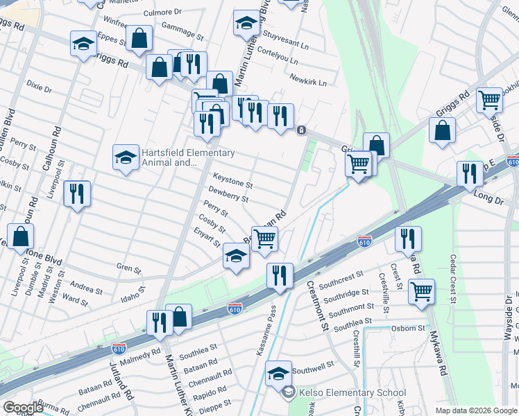 map of restaurants, bars, coffee shops, grocery stores, and more near 5308 Dewberry Street in Houston
