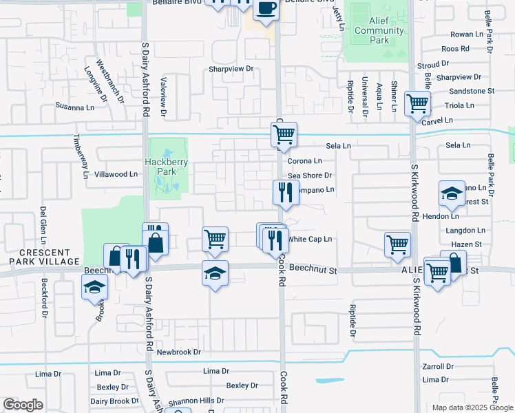 map of restaurants, bars, coffee shops, grocery stores, and more near 7829 Pacific Pearl Street in Houston