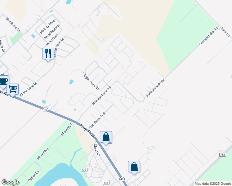map of restaurants, bars, coffee shops, grocery stores, and more near 1432 Jericho Ridge in New Braunfels