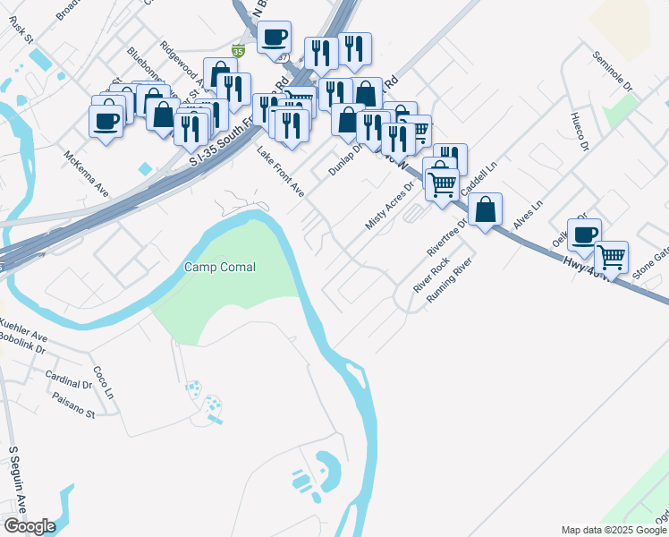 map of restaurants, bars, coffee shops, grocery stores, and more near 934 Misty Acres Drive in New Braunfels