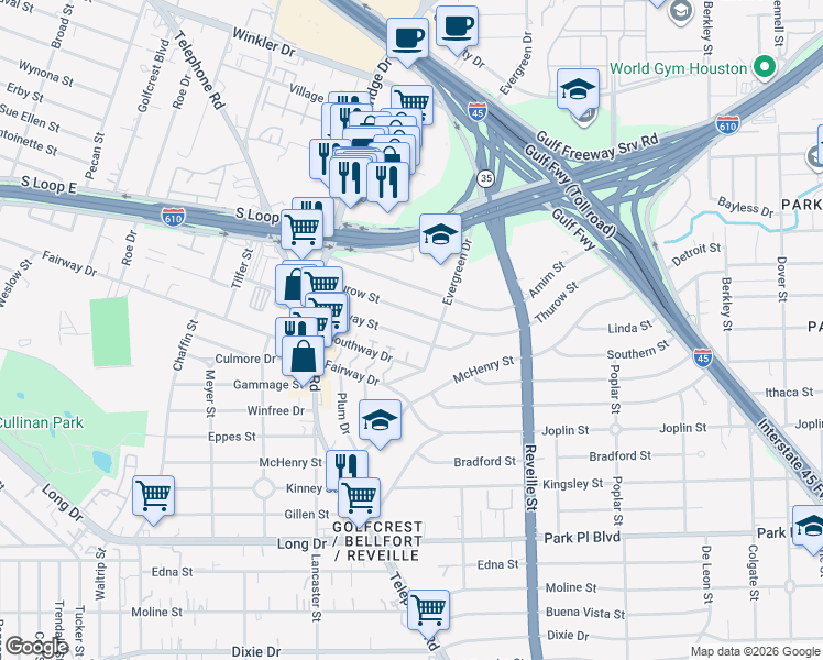 map of restaurants, bars, coffee shops, grocery stores, and more near 7423 Briefway Street in Houston