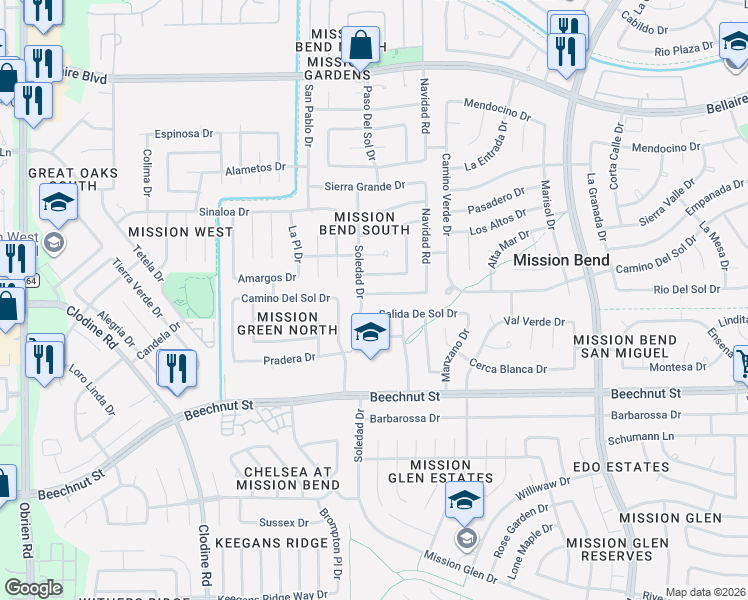 map of restaurants, bars, coffee shops, grocery stores, and more near 16251 Camino Del Sol Drive in Houston