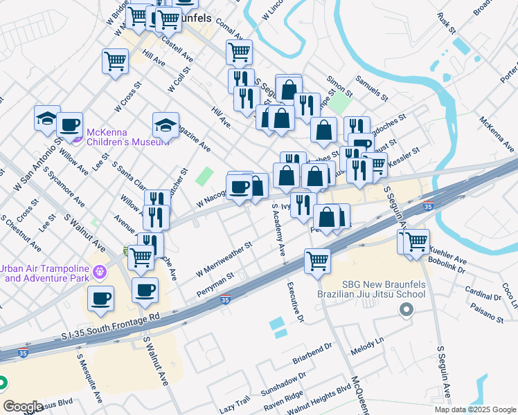 map of restaurants, bars, coffee shops, grocery stores, and more near North Business Loop IH 35th in New Braunfels