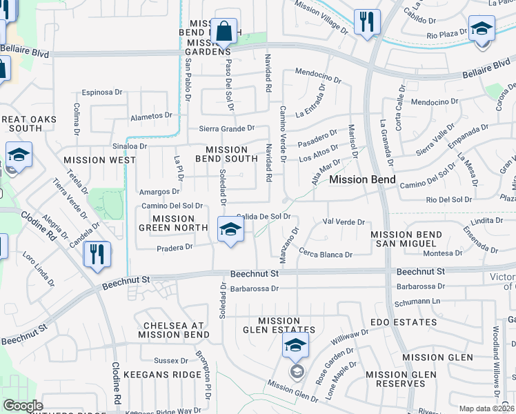 map of restaurants, bars, coffee shops, grocery stores, and more near 16215 Camino Del Sol Drive in Houston