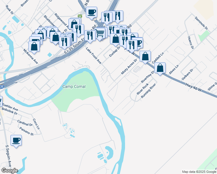 map of restaurants, bars, coffee shops, grocery stores, and more near 935 Misty Acres Dr in New Braunfels