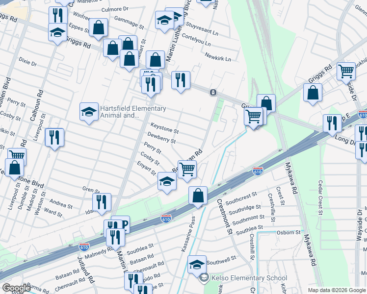 map of restaurants, bars, coffee shops, grocery stores, and more near 5308 Dewberry Street in Houston