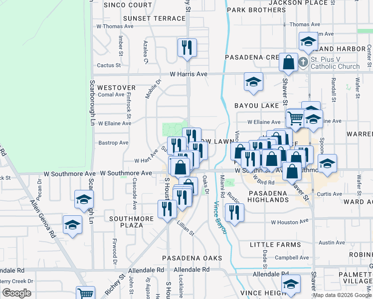 map of restaurants, bars, coffee shops, grocery stores, and more near 1221 Sunset Drive in Pasadena