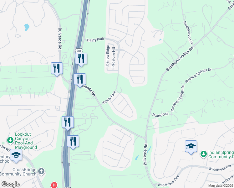 map of restaurants, bars, coffee shops, grocery stores, and more near 26327 Tuscan Park in San Antonio