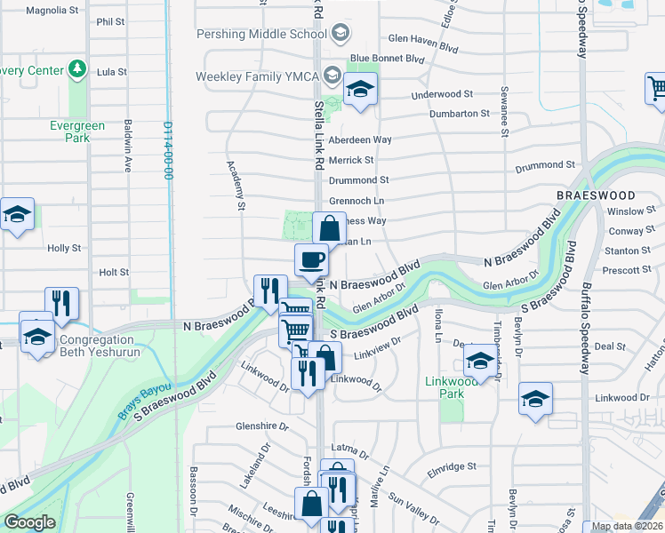 map of restaurants, bars, coffee shops, grocery stores, and more near 8415 Stella Link Road in Houston
