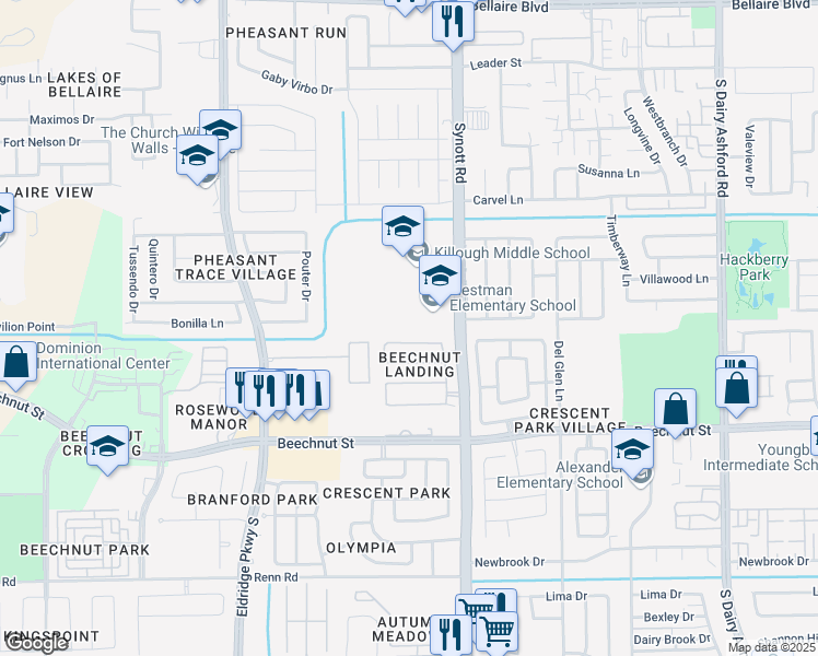 map of restaurants, bars, coffee shops, grocery stores, and more near 7610 Synott Road in Houston