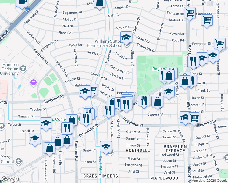 map of restaurants, bars, coffee shops, grocery stores, and more near 6801 Concho Street in Houston