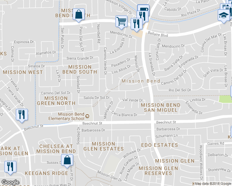 map of restaurants, bars, coffee shops, grocery stores, and more near 16107 Camino Del Sol Drive in Houston