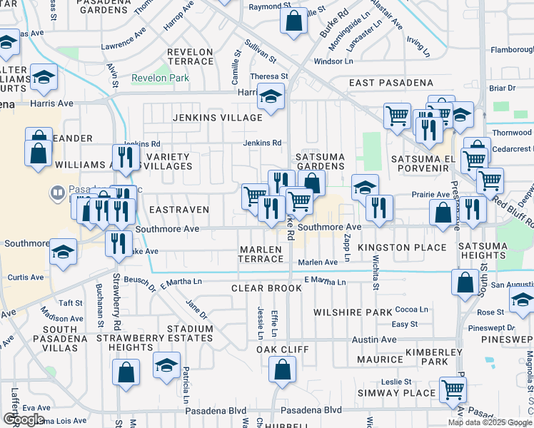 map of restaurants, bars, coffee shops, grocery stores, and more near 2127 Southmore Avenue in Pasadena