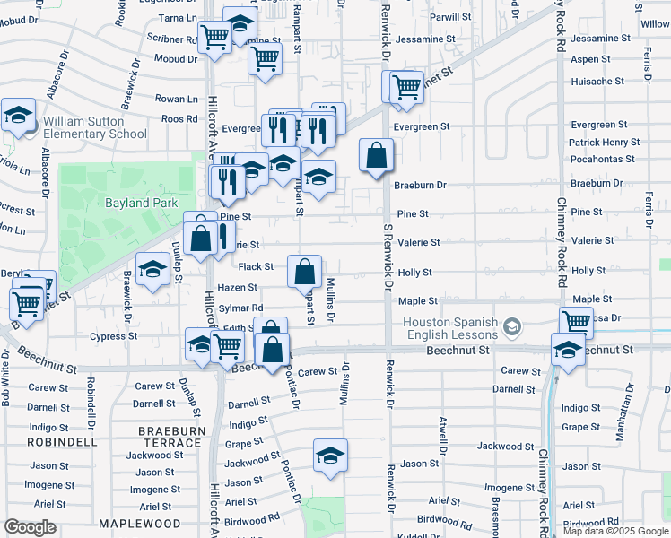 map of restaurants, bars, coffee shops, grocery stores, and more near 5530 Holly Street in Houston