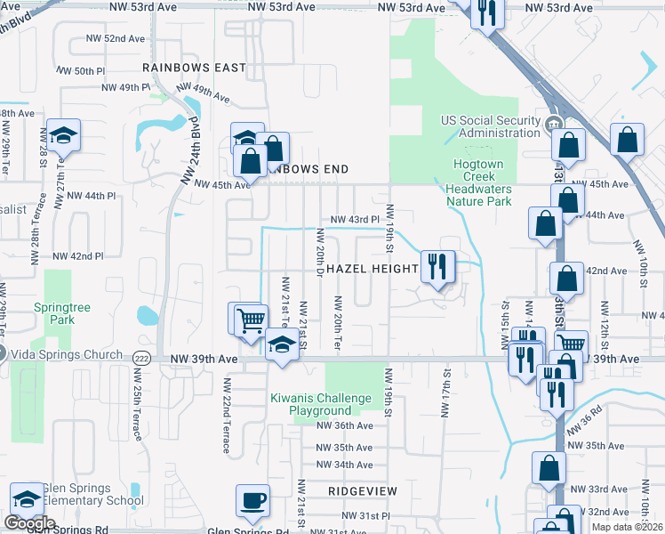 map of restaurants, bars, coffee shops, grocery stores, and more near 2030 Northwest 42nd Avenue in Gainesville
