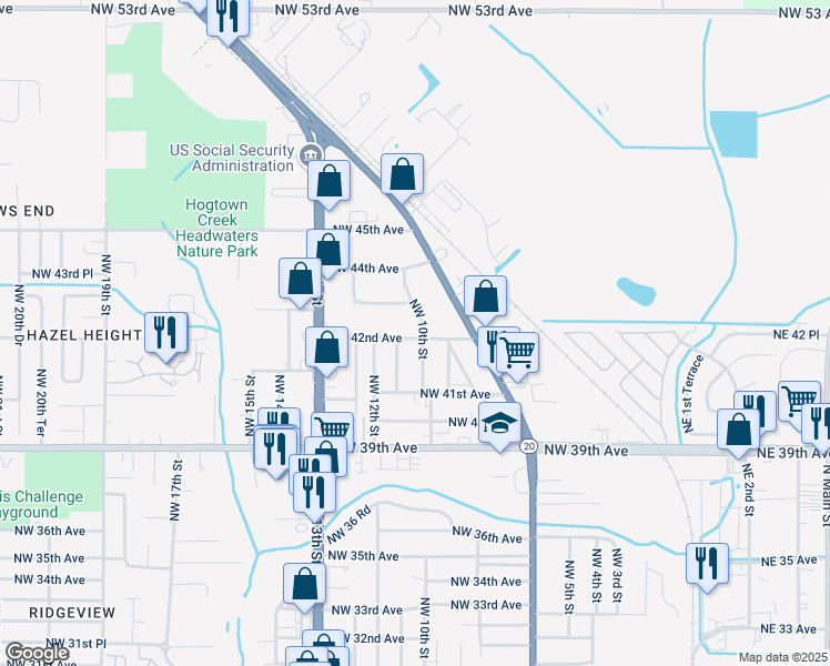 map of restaurants, bars, coffee shops, grocery stores, and more near 4206 Northwest 10th Street in Gainesville