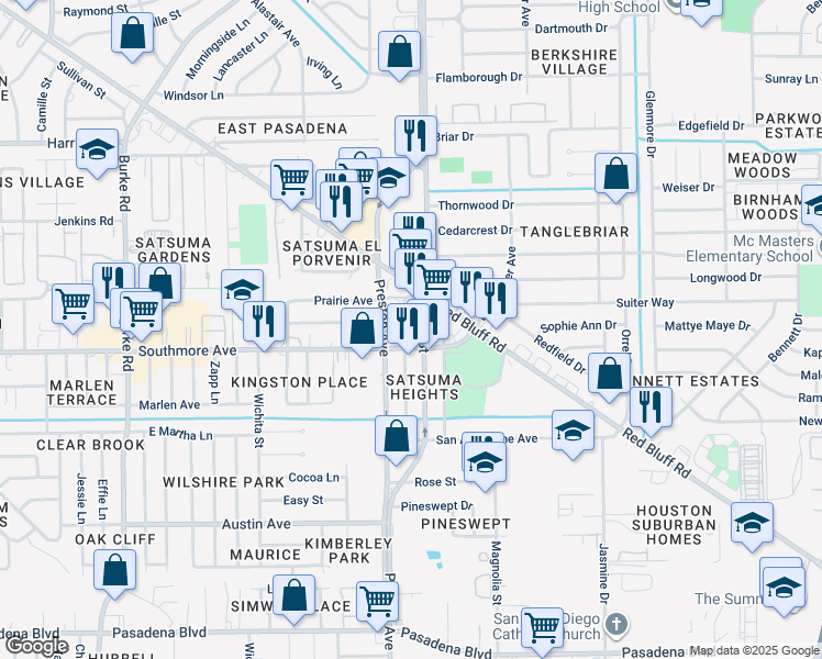 map of restaurants, bars, coffee shops, grocery stores, and more near 1215 Heights Street in Pasadena