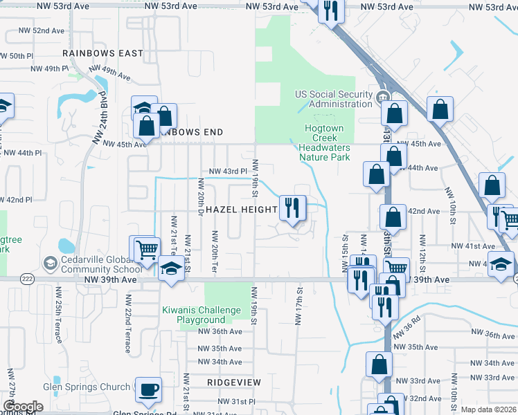map of restaurants, bars, coffee shops, grocery stores, and more near 1854 Northwest 42nd Avenue in Gainesville