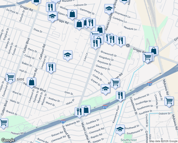 map of restaurants, bars, coffee shops, grocery stores, and more near 5139 Cosby Street in Houston