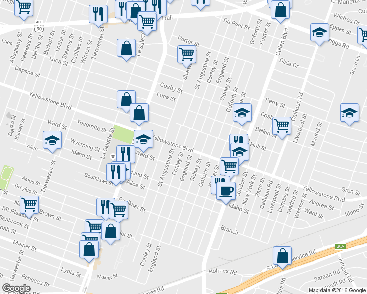 map of restaurants, bars, coffee shops, grocery stores, and more near 4114 Yellowstone Boulevard in Houston