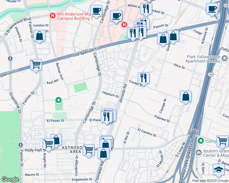map of restaurants, bars, coffee shops, grocery stores, and more near 2121 Hepburn Street in Houston