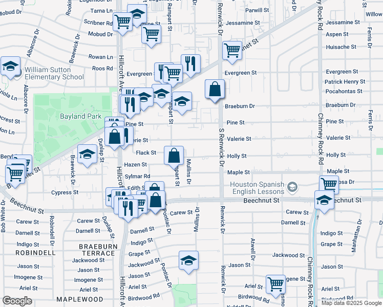 map of restaurants, bars, coffee shops, grocery stores, and more near 5530 Holly Street in Houston