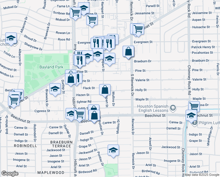 map of restaurants, bars, coffee shops, grocery stores, and more near 5530 Holly Street in Houston