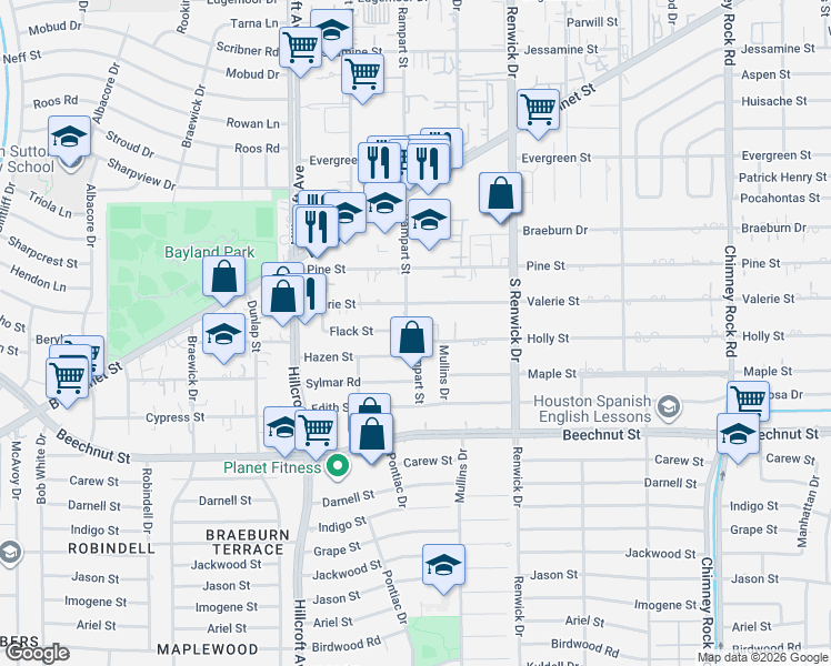 map of restaurants, bars, coffee shops, grocery stores, and more near 7925 Rampart Street in Houston