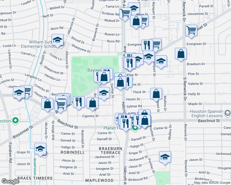 map of restaurants, bars, coffee shops, grocery stores, and more near 8091 Dunlap Street in Houston