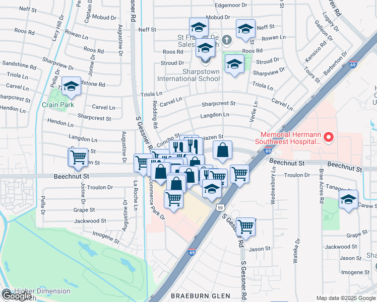 map of restaurants, bars, coffee shops, grocery stores, and more near 8419 Hazen Street in Houston