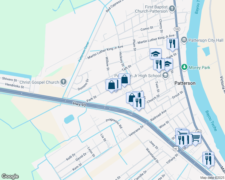 map of restaurants, bars, coffee shops, grocery stores, and more near 707 Park Street in Patterson